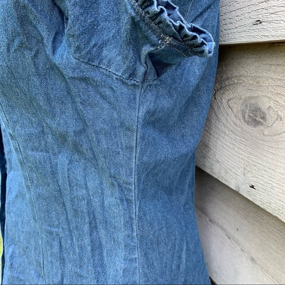 True Vintage 70s Blue Cotton Denim Ruffled Trim Button Down Short Sleeve Blouse - Picture 13 of 16